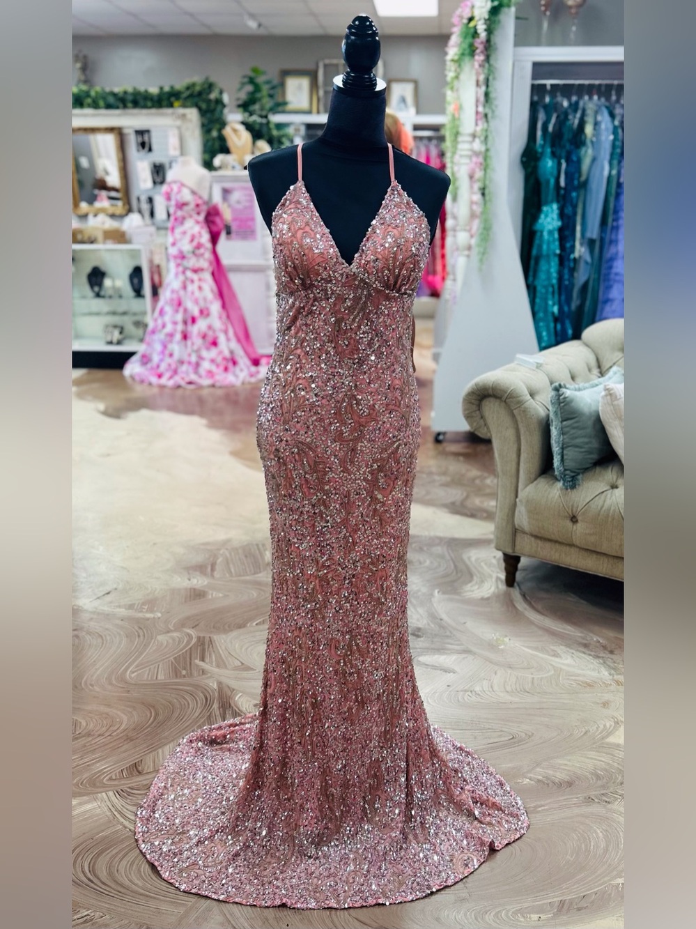 Rose Gold Sequin Spaghetti-Strap Prom Gown